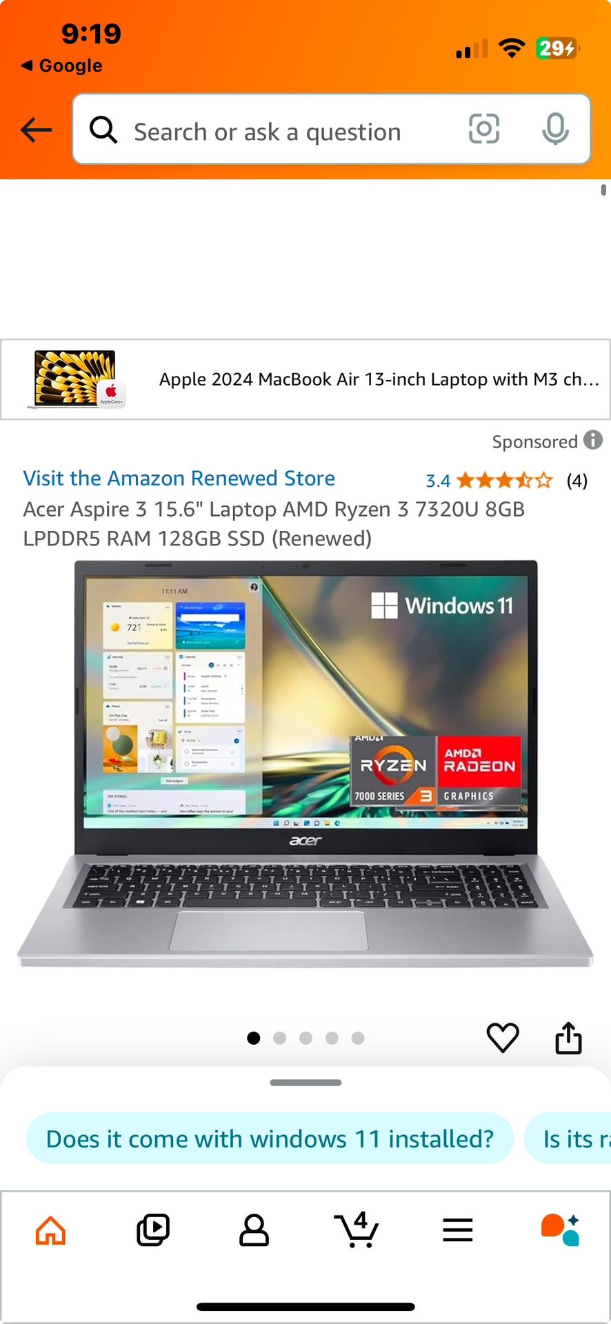 Acer Aspire 3 15.6" Laptop AMD Ryzen 3 7320U 8GB LPDDR5 RAM 128GB SSD