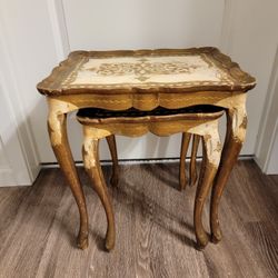 Vintage Mid Century Italian Florentine Wooden Nesting Tables 2pc Hollywood Regency Glam Hand Carved 