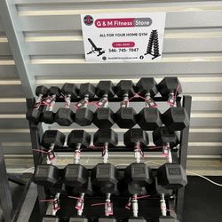 Top quality ⭐️New pair of 5,10,15,20,25,30,35,40,45lb rubber dumbbells with rack. $570