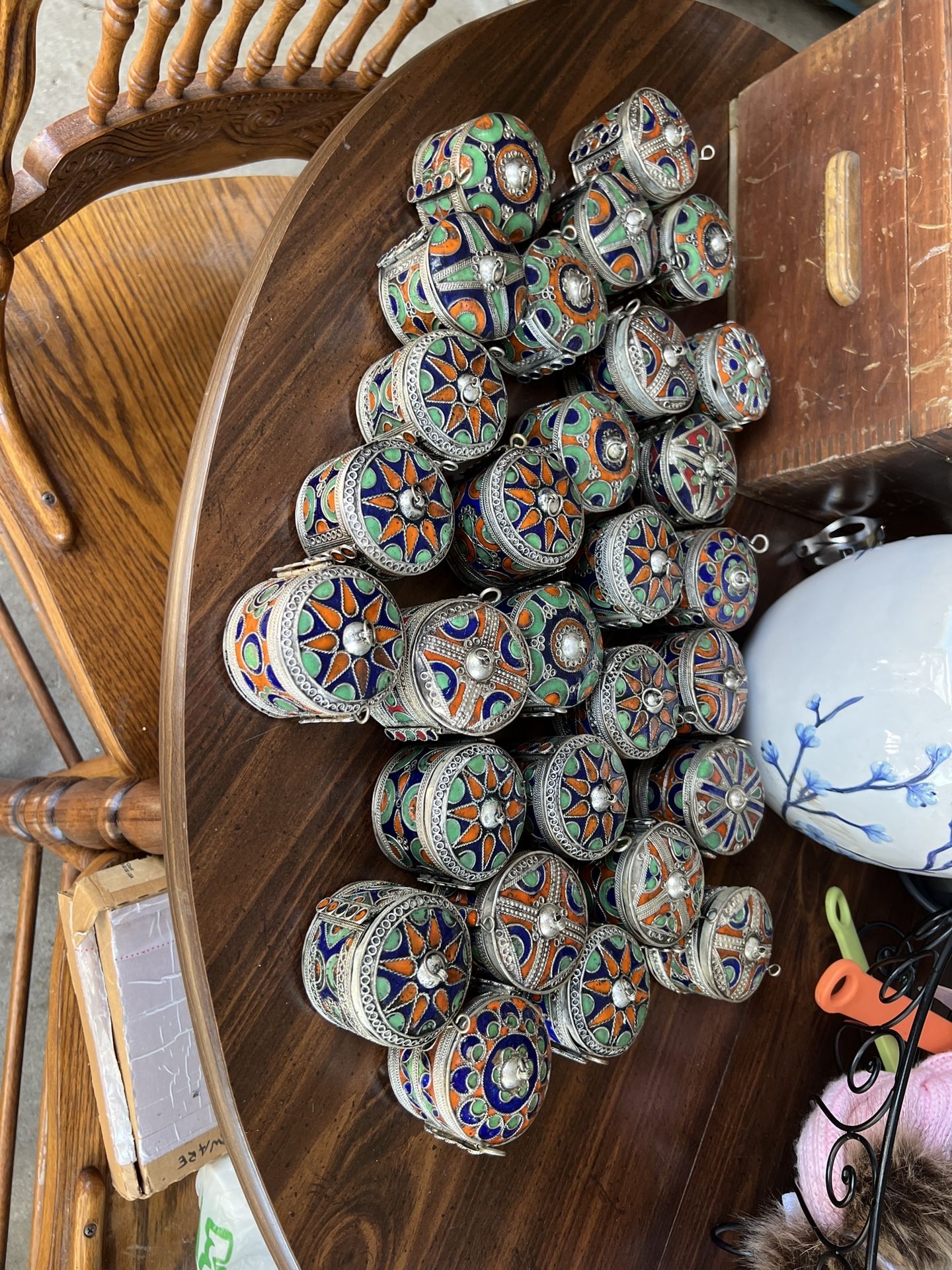 30 Silver Containers From India with Hand Painted Designs.
