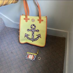 SPARTINA 449 Anchor LARGE Retired Tote Handbag Purse Shoulder Bag with Matching Wallet  Great pre-owned condition.   Bag is Lime Green Linen fabric wi