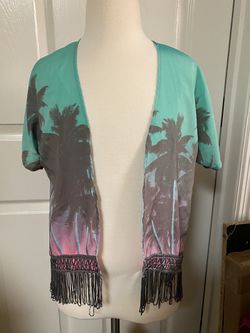 Route 66 girl’s soft thin shrug size 7/8 palm trees fringe teal pink