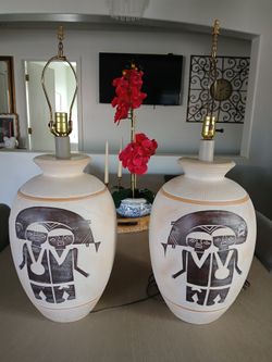 Rare Vintage Carved Embossed "1986 Casual Lamps" Southwestern, Native American, Plaster Table Lamps, Tribal Design, Indigenous, Pueblo Style Lamps