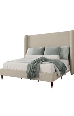 Jocisland Queen Size Bed Frame 51.2" Wingback Headboard Linen Upholstered Platform Bed