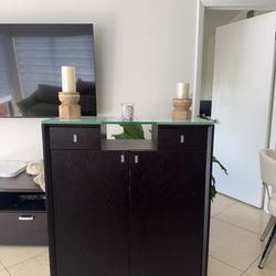 Modern Dark Wood Glass Top Console Cabinet / Sideboard – Like New!