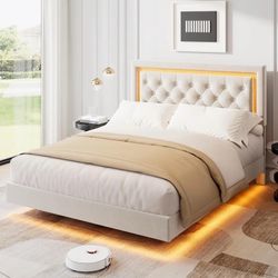 Floating Bed Frame Queen Size with Smart Led Lights, Upholstered Platform Bed with Diamond Headboard, Solid Wood Slats Support, No Box Spring Needed,