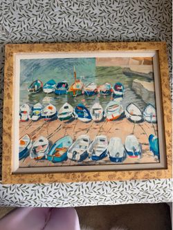 Framed Coastal Harbor Wall Art – Like New