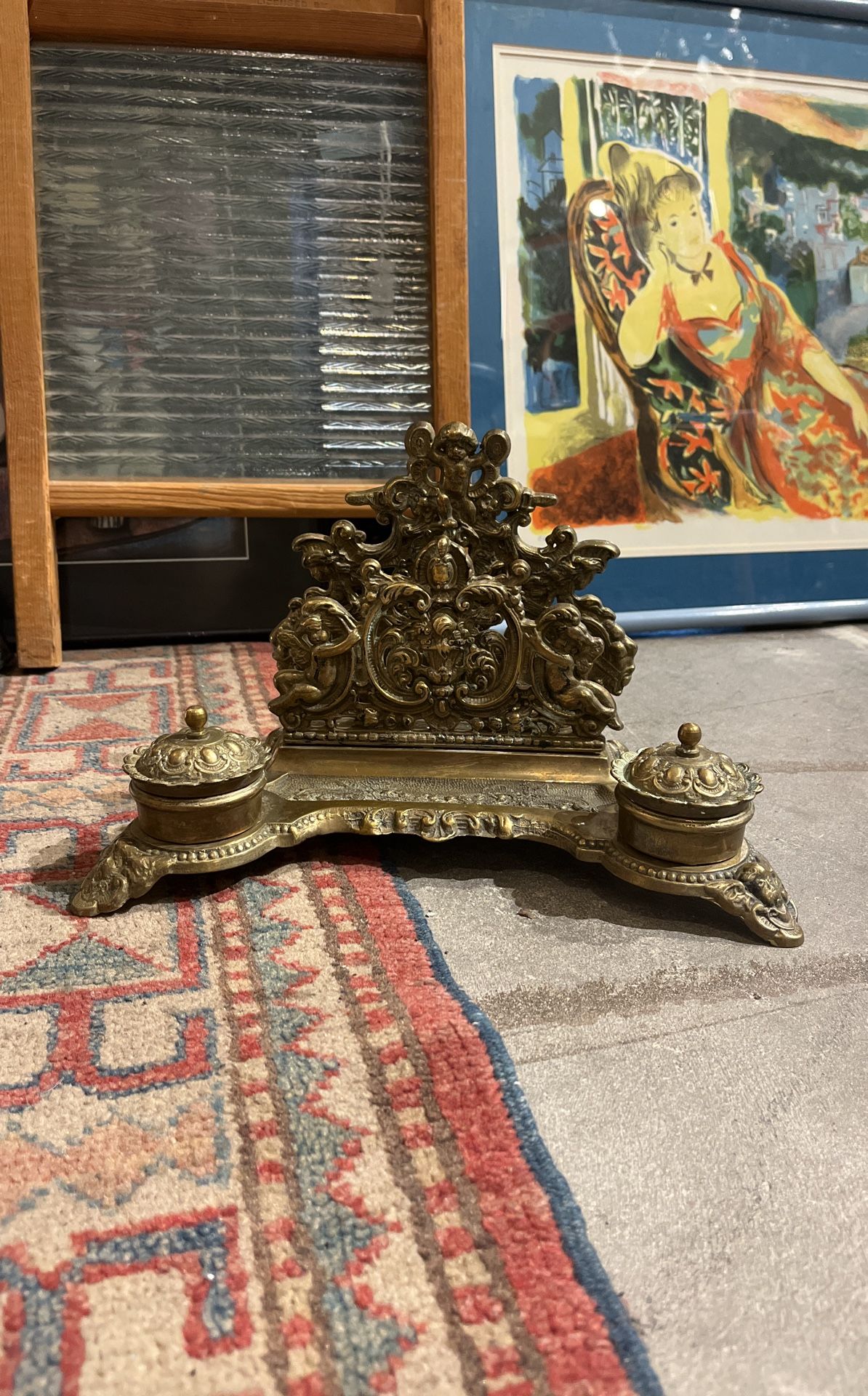Antique Brass Inkwell with Cherubs + Scrolls