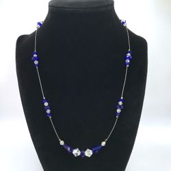 Cobalt Blue and Clear AB Crystal Beads Station Necklace Sterling Silver Clasp