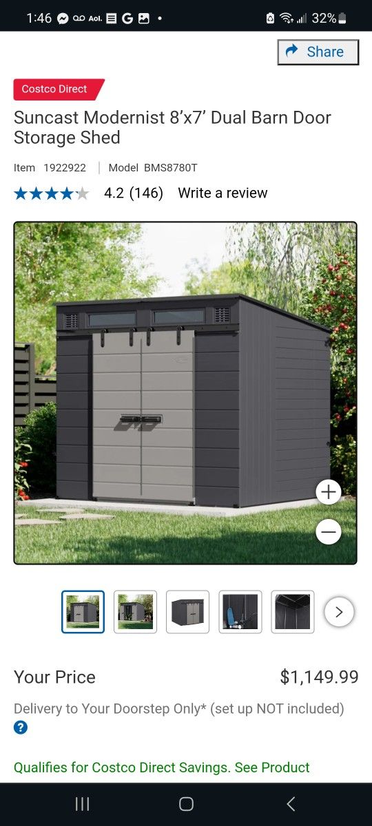 Suncast Modernist 8’x7’ Dual Barn Door Storage Shed $950