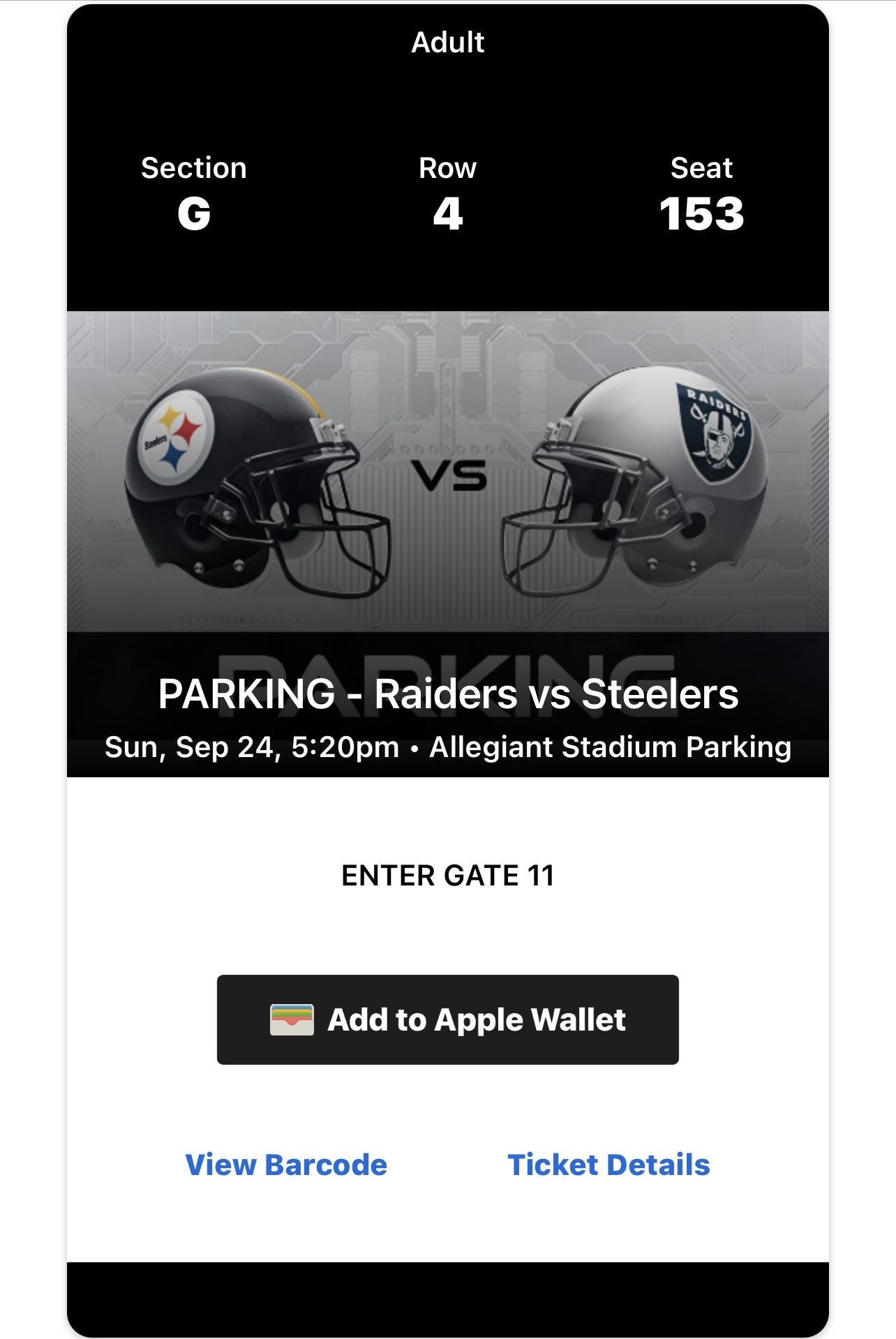 Raiders Vs Steelers Parking Pass Only Lot G