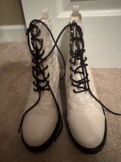 white tie up, zip up, leather combat boot
