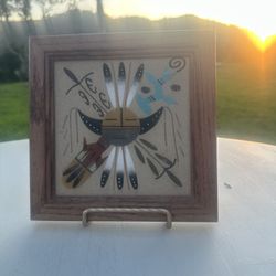 Vintage Native American Moon Face Framed Artwork sand art