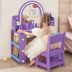 Kids Vanity with Lighted Mirror, 2 in 1 Princess Vanity Set Toddler Vanity Table & Chair Set with Open Bookshelf, Storage Cabinet (Firm Price)