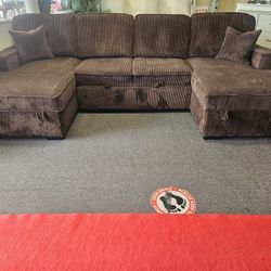 Brand New 60"×115"×70" Brown Corduroy U Sectional With Sofa Sleeper And 2 Storage Chaises