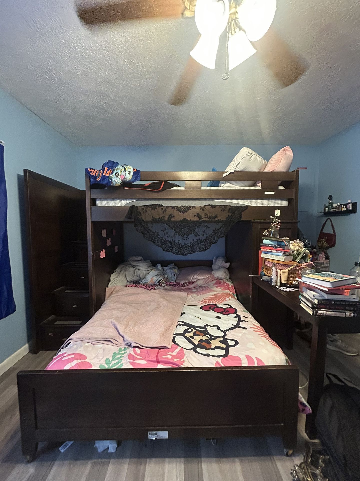FULL and TWIN sized bunk bed w/ built in DESK, DRESSER, and STAIR STORAGE