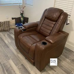Brand New Cinema Couch 💥 Brown Real Leather Power Recliner Chair With Cup Holders, Adjustable Headrest, Storage Console| Black, White, Gray Color Opt