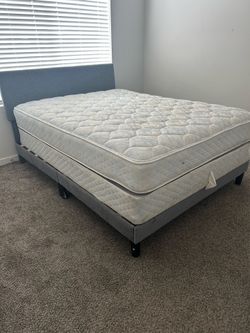 Queen Size Mattress & Gray Upholstered Bed Frame Set – Pillow Top, Good Condition