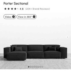 The Porter Sectional is a simple structured sofa with boxy flare and a low-set profile. Square arm rests are made like a side table, while an elevated