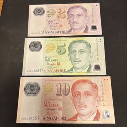 Singapore Dollar Currency SGD $2, $5, and $10 bills