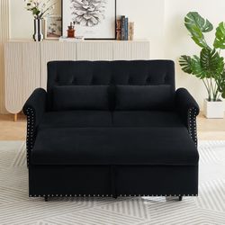 Artemax 55'' Modern Shiny Velvet Convertible Loveseat Sleeper Sofa Couch w/ 2 Lumbar Pillows, Adjustable Pull-Out Bed and Removable Armrest for Nurser