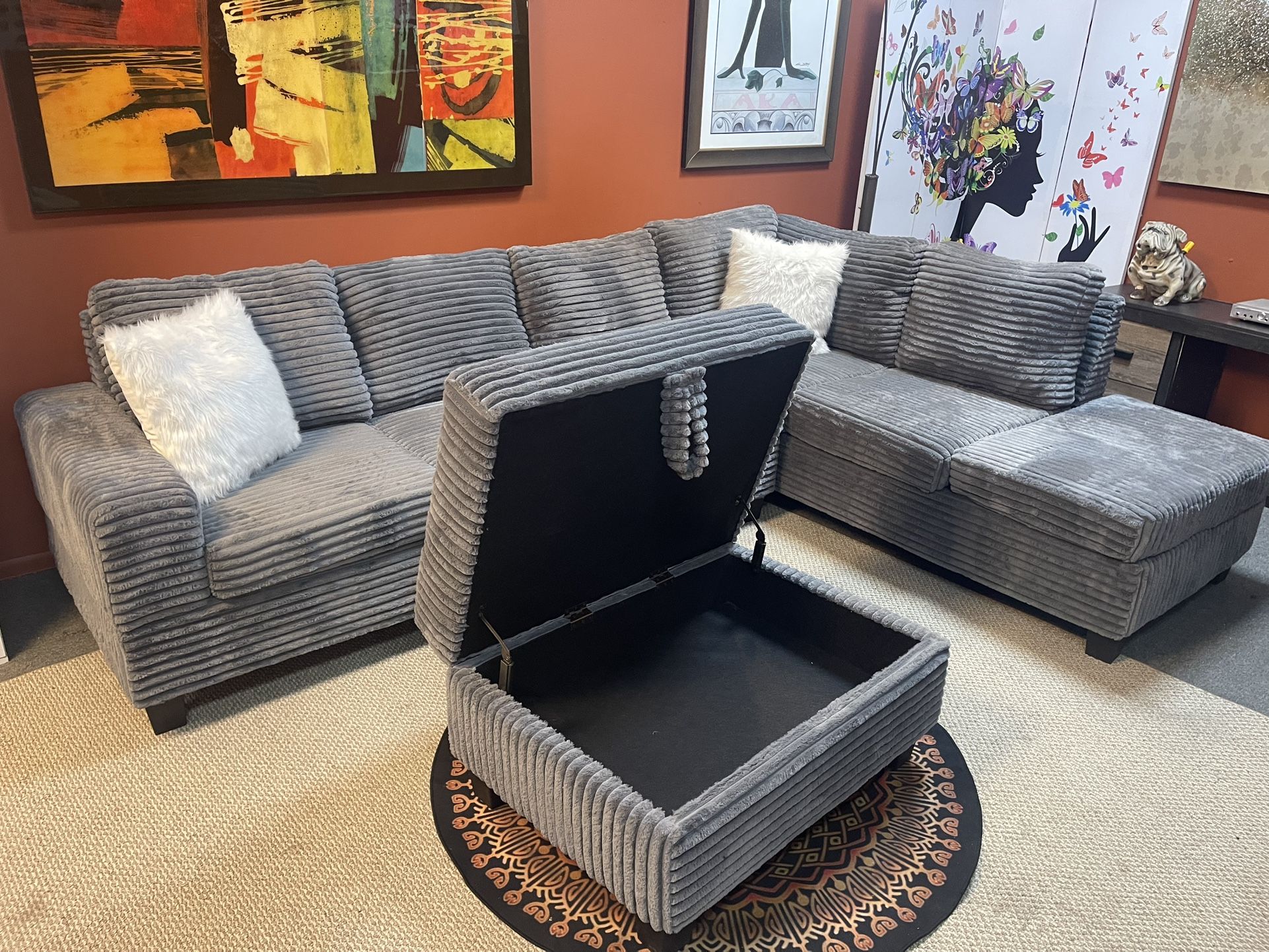 Cozy Corduroy Sectional – now with a FREE Storage Ottoman!