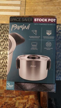 Parini 3 Qt Stock Pot With Tempered Glass Lid & Space Saving Folding Handles *NIB*!