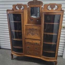 Rare Oak Double Curved Glass Door Secretary China Hutch Cabinet 