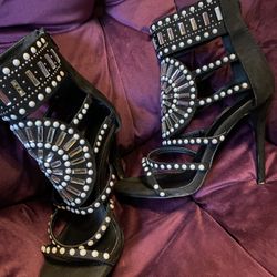 Cleopatra embellished heeled sandals in black suede, sz 8 1/2, $6.00