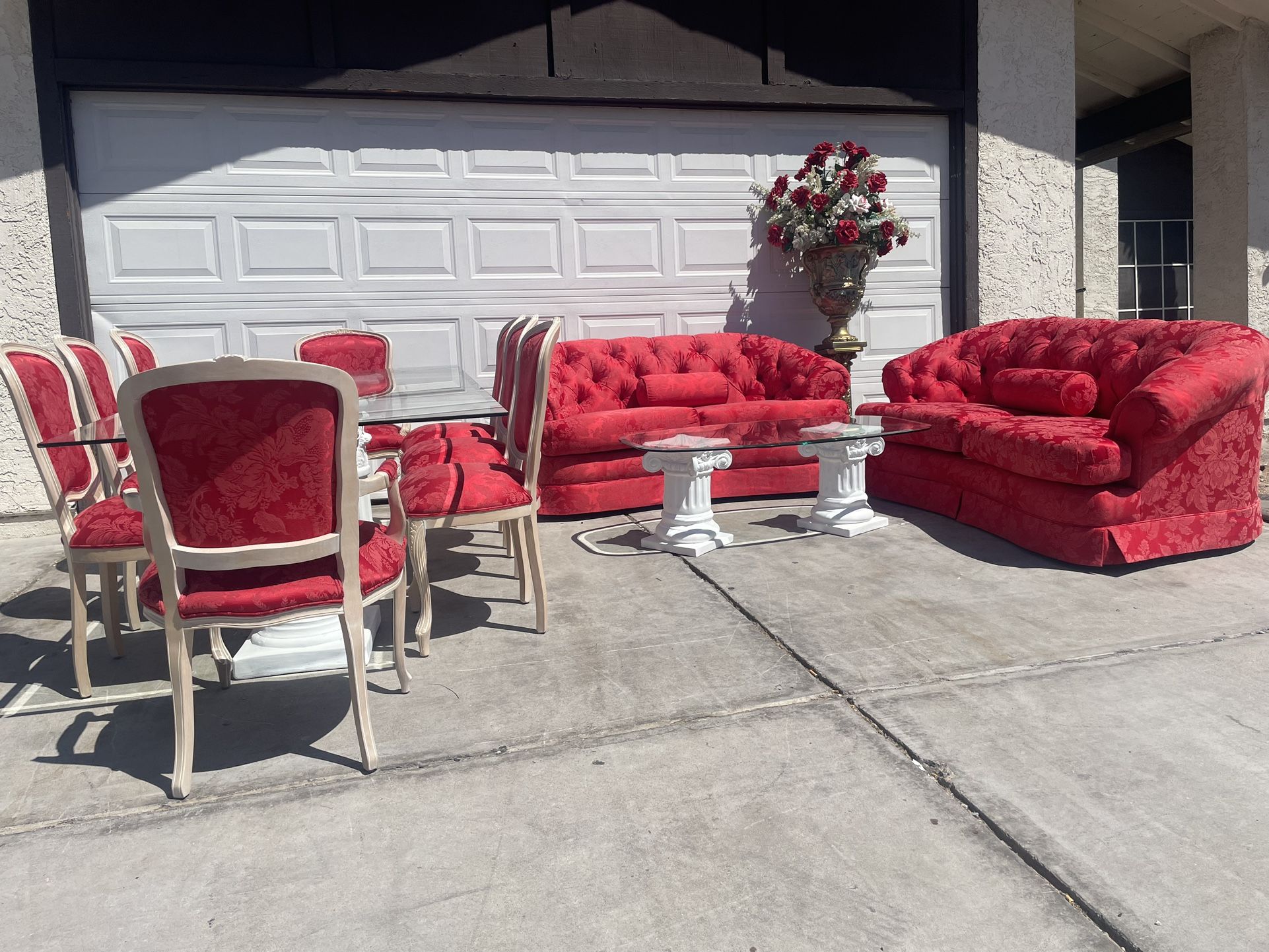 Vintage Red Silk Kidney Shaped Skirted Sofa Pair & Matching Kitchen Table And 8 Chairs- READ Description 