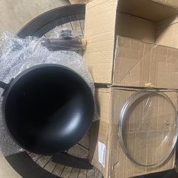 Modern Round Propane Fire Pit with Glass Wind Guard – Black Metal Outdoor Fire Bowl