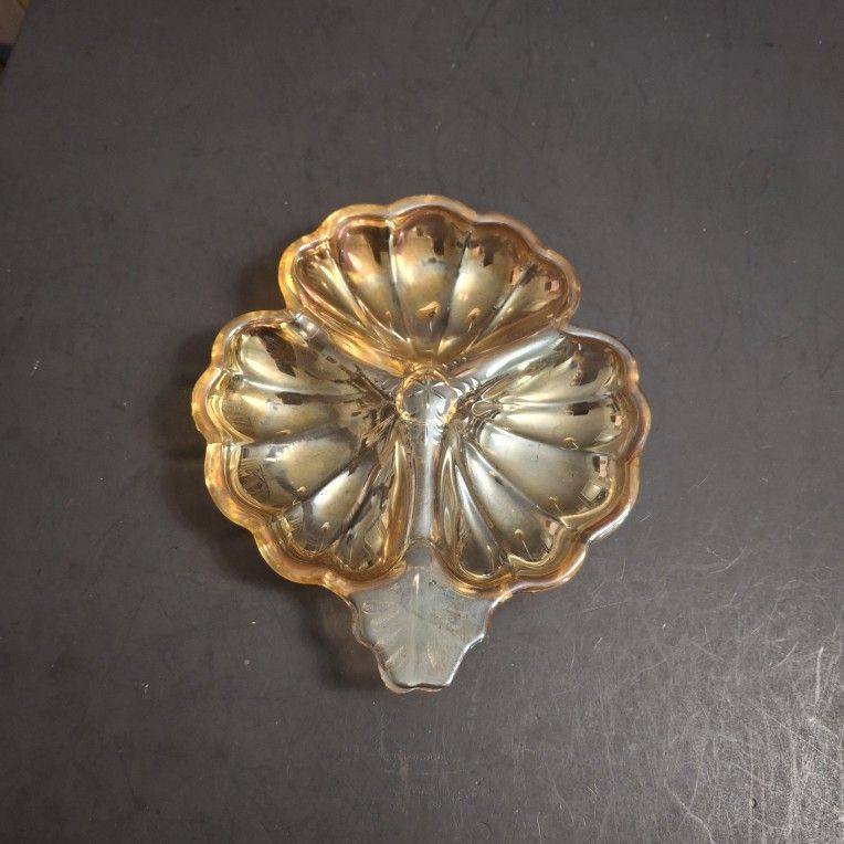 Carnival Glass Vintage 50's Jeanette Doric Marigold Iridescent 3 Leaf Clover Candy Dish, Adds Nostalgia To Your Decor 7" X 6"