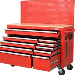 Husky
52 in. W 10-Drawer Gloss Red Mobile Workbench Cabinet with Solid Wood Top and Pegboard