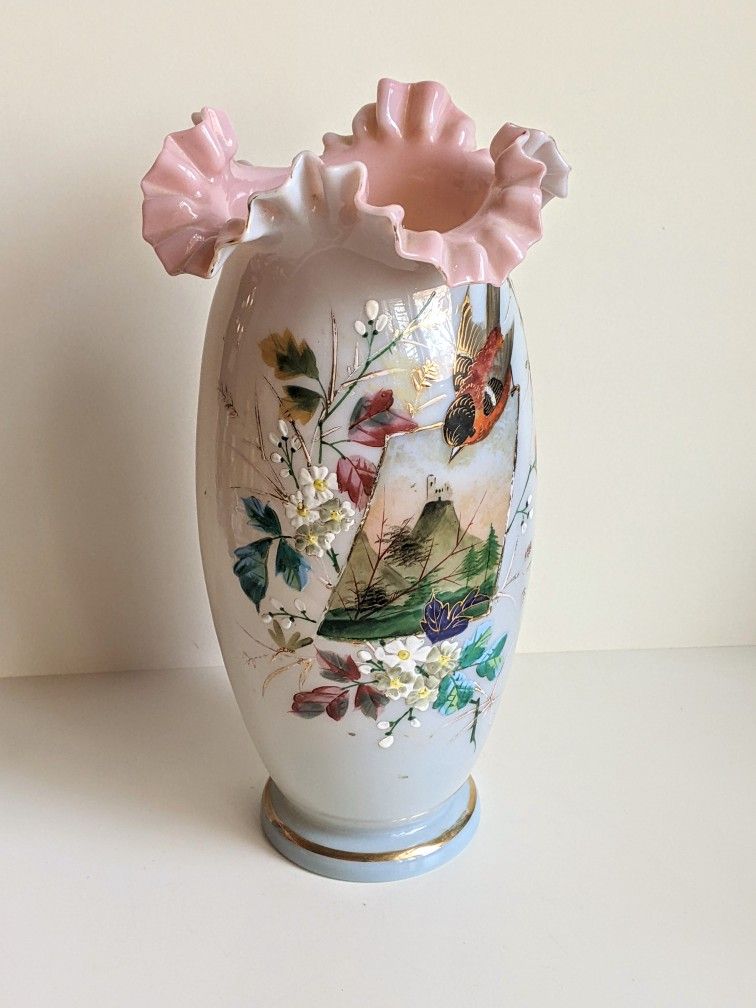 Antique Opaline Vase 12.6" Enameled Bird & Flowers