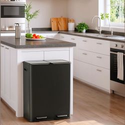 Kitchen Dual Trash Can, 60L Hands-Free Stainless Steel Garbage Can, Classified Rubbish Bin with Double Compartments, Soft-Close Lid, Inner Bucket, Odo