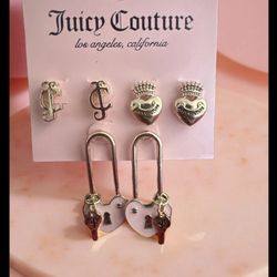 Juicy Couture 3 Pair Earring Set Gold JCHeart Tiara Pink Lock Key Coquette
