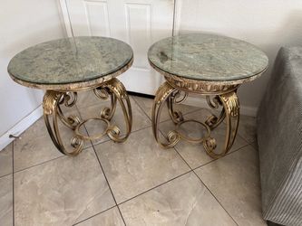 Pair of Round Marble Top Glass End Tables