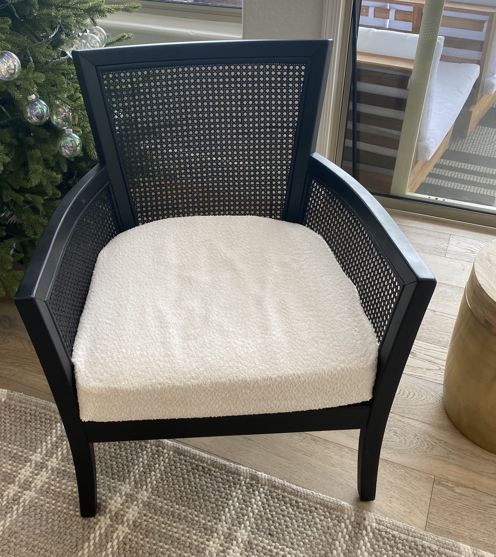 Accent Cane Chair Black With Boucle Cushion