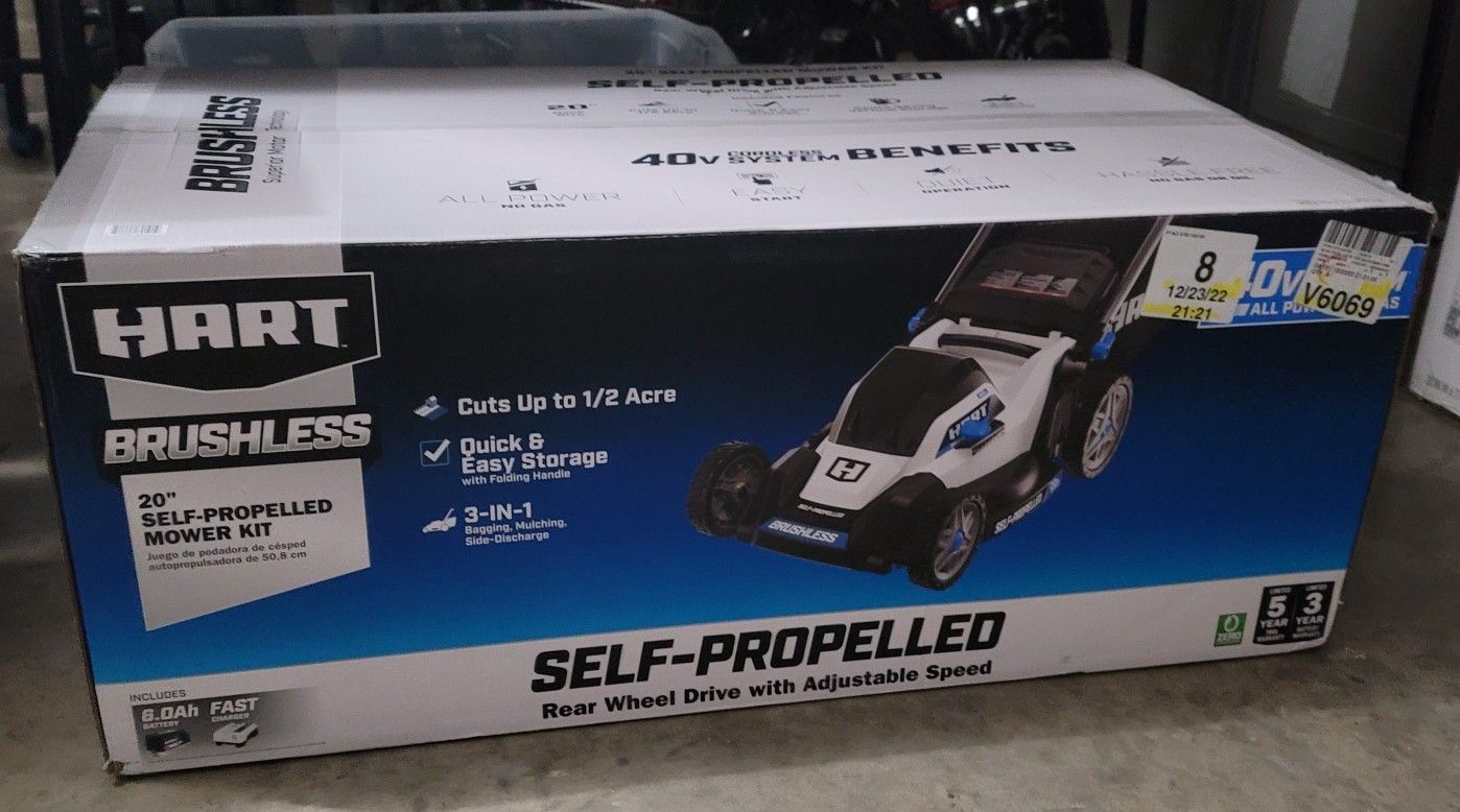 Hart 40-volt Cordless 20-inch Brushless Self Propelled Mower Kit, 6.0 Ah Lithium-ion Battery ( Brand New)