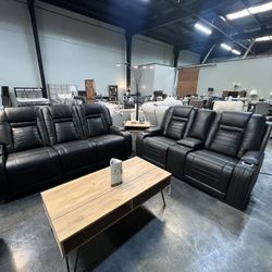 2pc Power Reclining Sofa & Love Seat w/ Adjustable Headrests