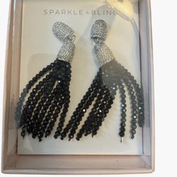 Elegant Black & Silver Crystal Tassel Earrings 