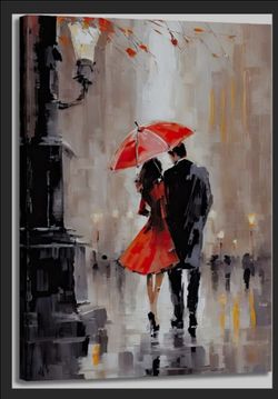 Couple Wall Art Decor Red Umbrella Couple In Street Oil Painting Printed On Canvas Romantic Picture Framed Artwork Prints For Bedroom Living Room(Artw