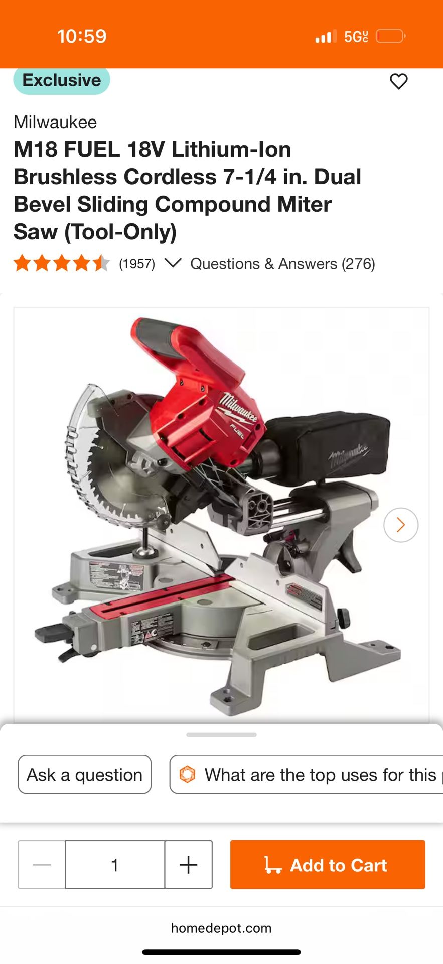 Milwaukee M18 FUEL 18V Lithium-Ion Brushless Cordless 7-1/4 in. Dual Bevel Sliding Compound Miter Saw (Tool-Only)