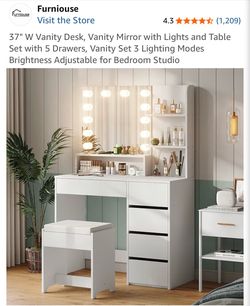 Modern White Vanity with LED Mirror, Storage Shelves & Stool – Excellent Used Condition