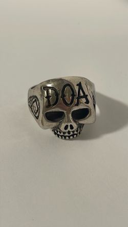 Heavy Sterling Silver Skull Ring DOA Engraved On Forehead, Biker Jewelry 24.8 Oz Men’s 13 1/2