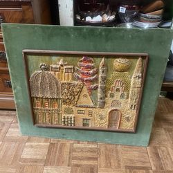 Vintage mid century modern mixed media painting artwork