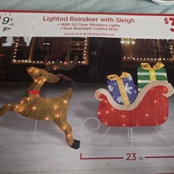 LIGHTED  REINDEER WITH SLEIGH 24in High 23 In Wide