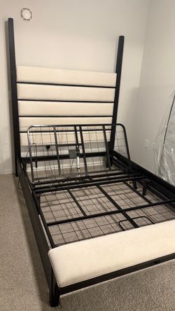 Queen Bed Frame with Upholstered Headboard & remote metal base!