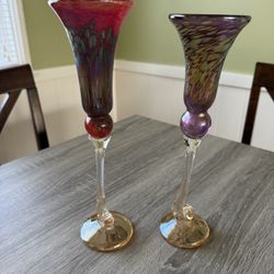 Vintage Handmade Iridescent Stemmed Glass Champagne Flutes