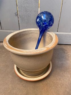 8”W x 7”H Ceramic Pot, Saucer and Watering Globe for $10
